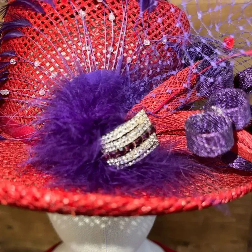 Custom Red Derby Hat Purple Feathers Rhinestones Netting Church Tea Party Events